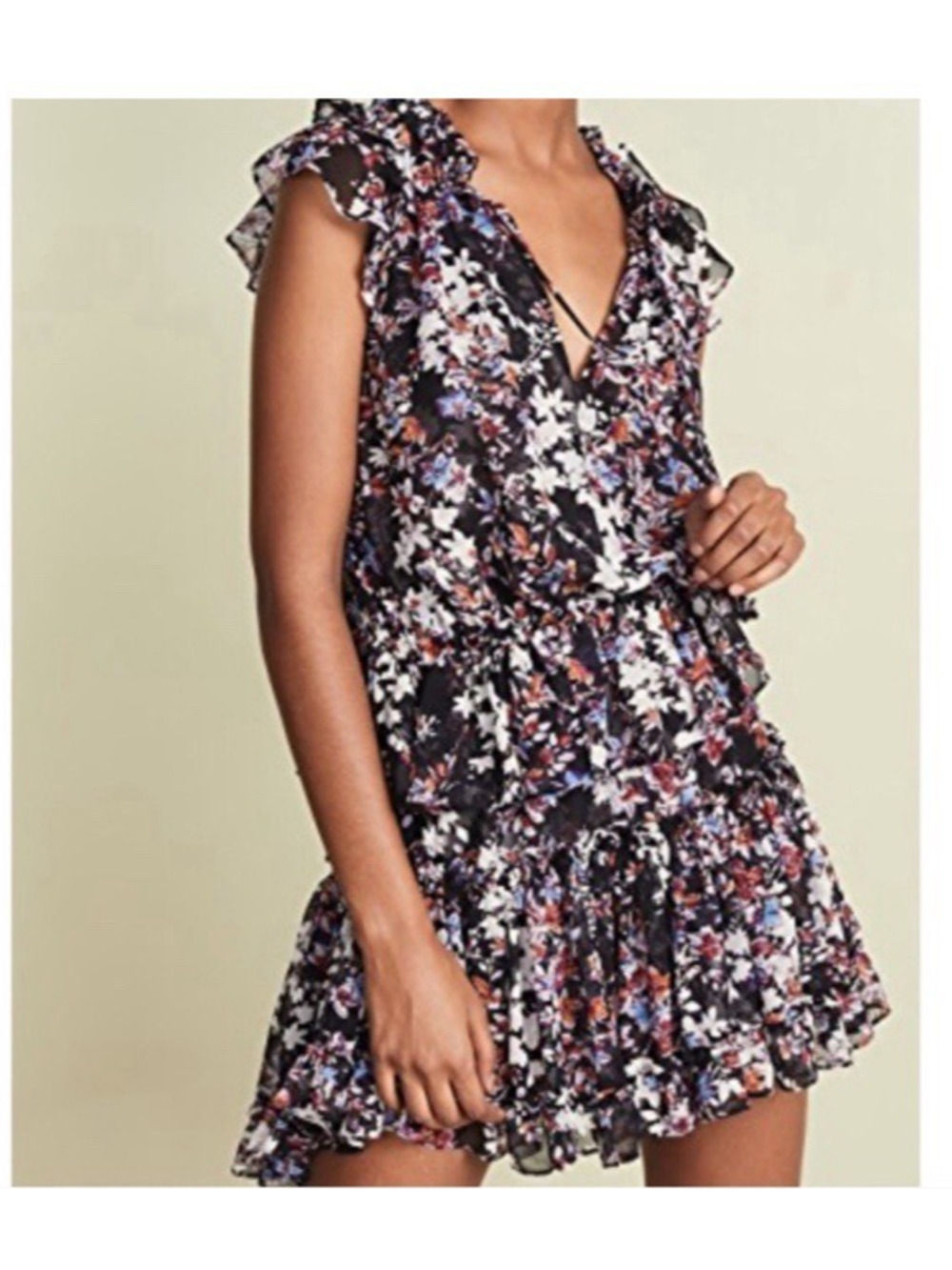 MISA Los Angeles Black Floral Ruffled Tiered Chiffon Mini Dress Sz XS Boho Chic
